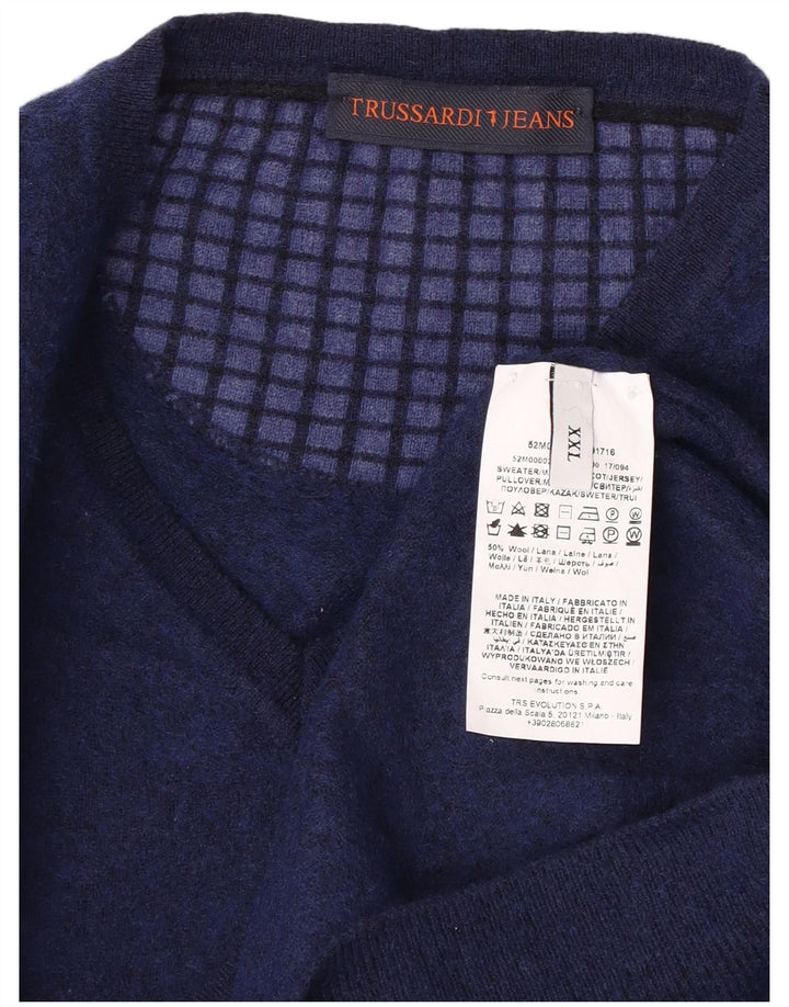 TRUSSARDI Jersey con cuello en V para hombre, talla 2XL, lana azul marino