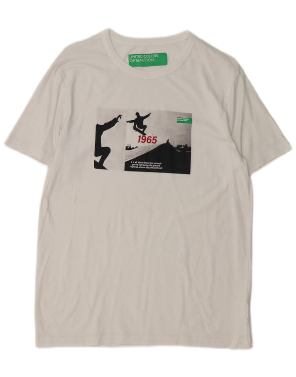 Benetton Hombre Camiseta Estampada Grande De Algodón Blanco