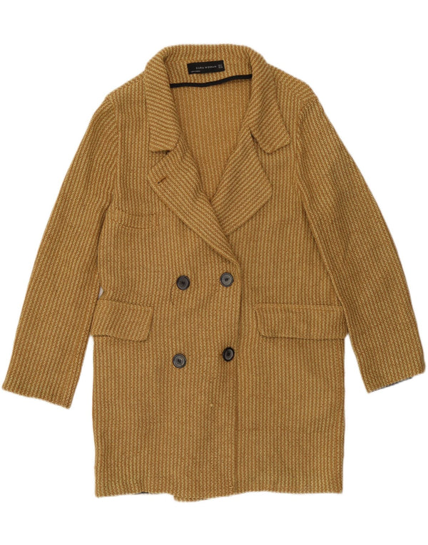Zara Mujer Abrigo De Punto De Doble Botonadura Reino Unido 10 Pequeño Algodón Amarillo