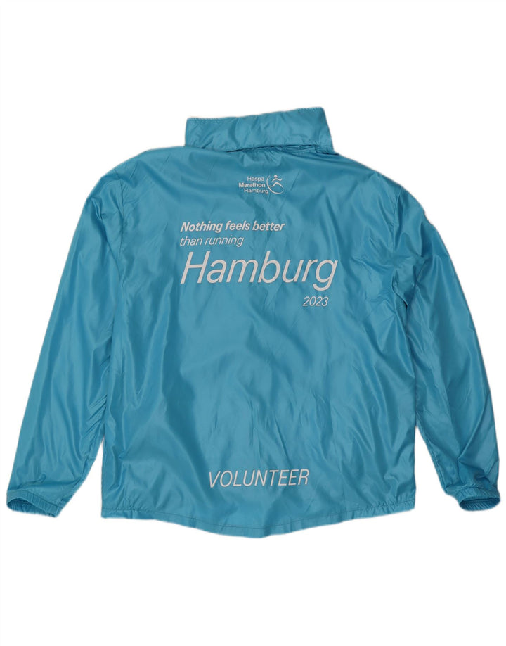 Asics Chaqueta impermeable con capucha gráfica para hombre Reino Unido 40 Poliéster azul grande