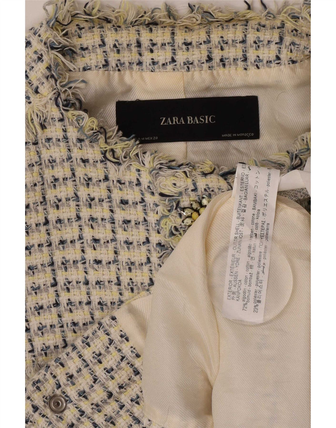 Zara Mujer Crop Chaqueta Blazer De Manga 3/4 UK 42 Mediano Blanco Moteado