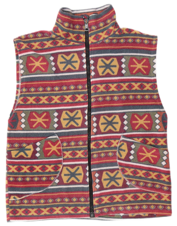 Vintage mujer polar Gilet Reino Unido 14 grande borgoña geométrico