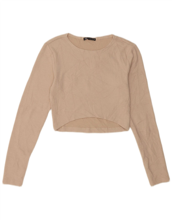Zara Mujer Crop Top Manga Larga UK 44 Grande Poliéster Beige