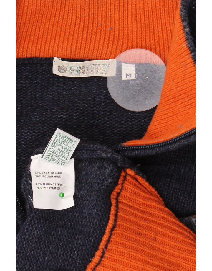 VINTAGE Hombres Zip Neck Jumper Suéter Medio Azul Marino Lana