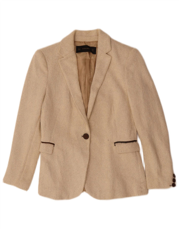 ZARA Womens 1 Button Blazer Jacket UK 10 Small Beige Herringbone Polyester