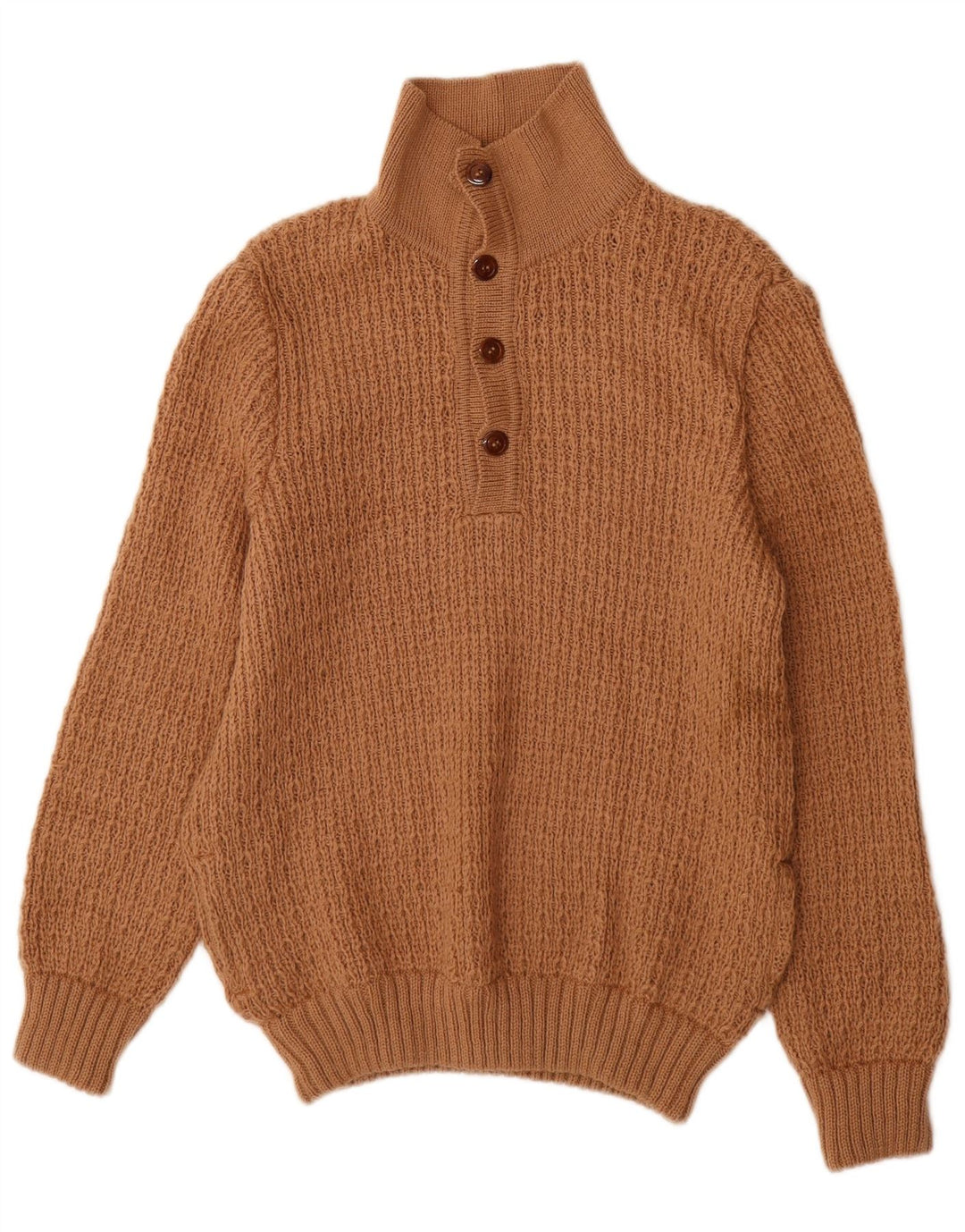 Vintage hombres botón cuello jersey suéter medio marrón