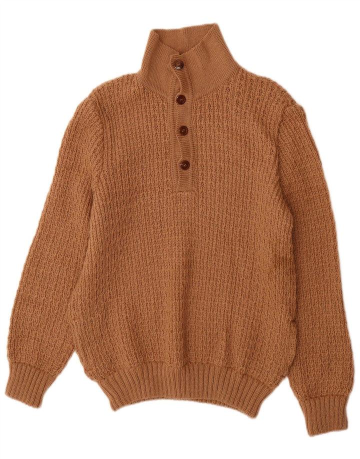 Vintage hombres botón cuello jersey suéter medio marrón