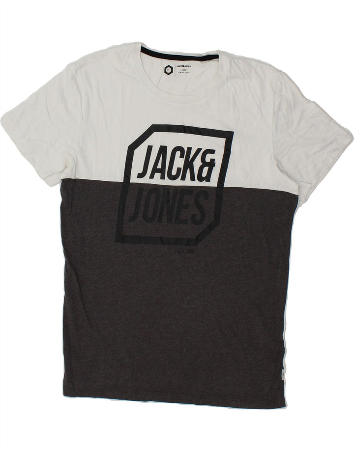 JACK & JONES Mens Graphic T-Shirt Top Medium Grey Colourblock Cotton Vintage Jack & Jones and Second-Hand Jack & Jones from Messina Hembry 
