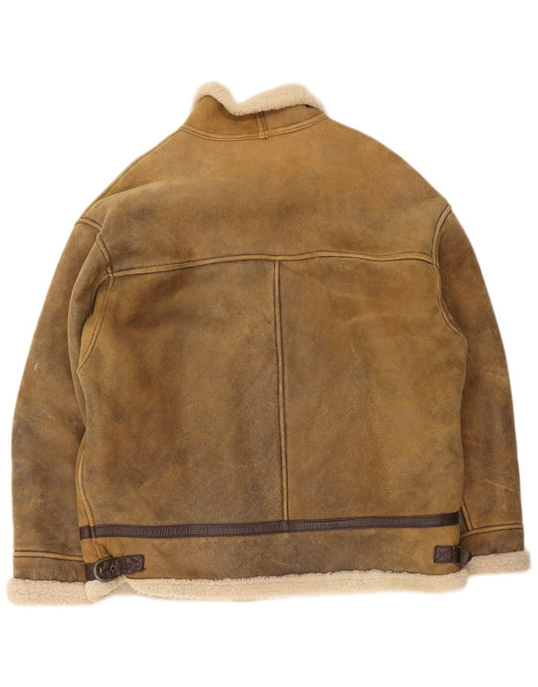 Vintage hombres shearling chaqueta de cuero Reino Unido 42 XL Marrón