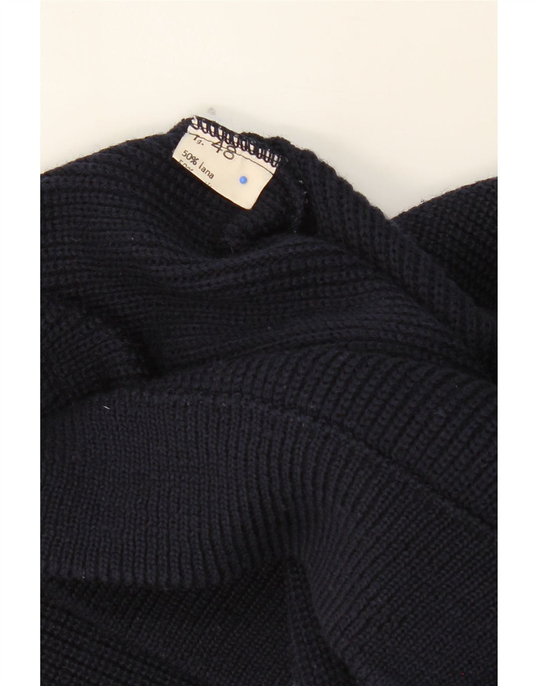 GOOD LUCK Mens Crew Neck Jumper Sweater IT 48 Medium Navy Blue Colourblock Vintage Good Luck and Second-Hand Good Luck from Messina Hembry 