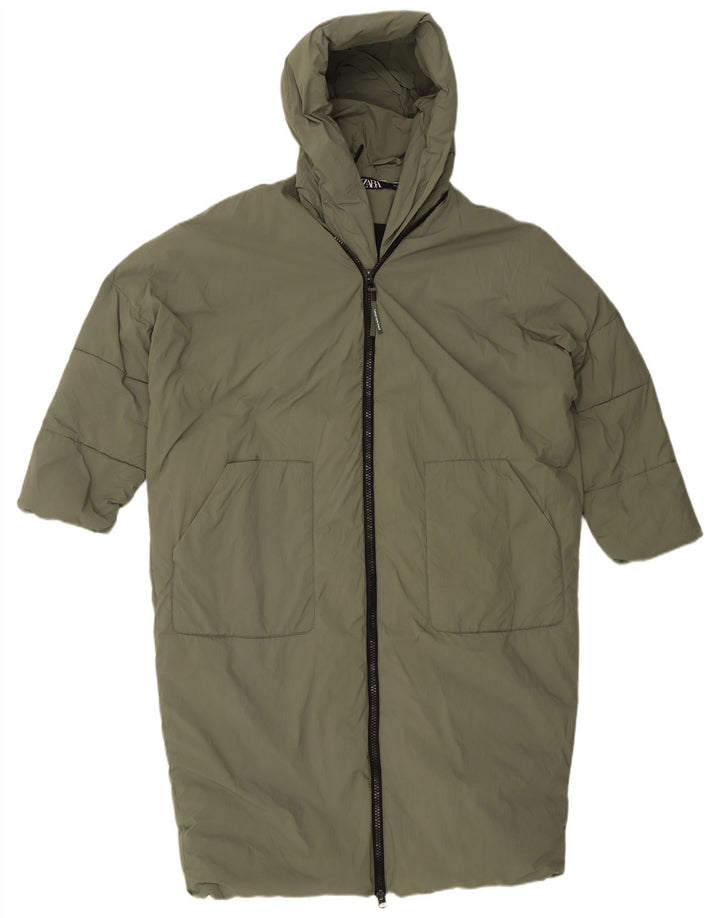 Zara Mujer Abrigo Acolchado Extragrande Con Capucha UK 40 Small Verde Poliamida
