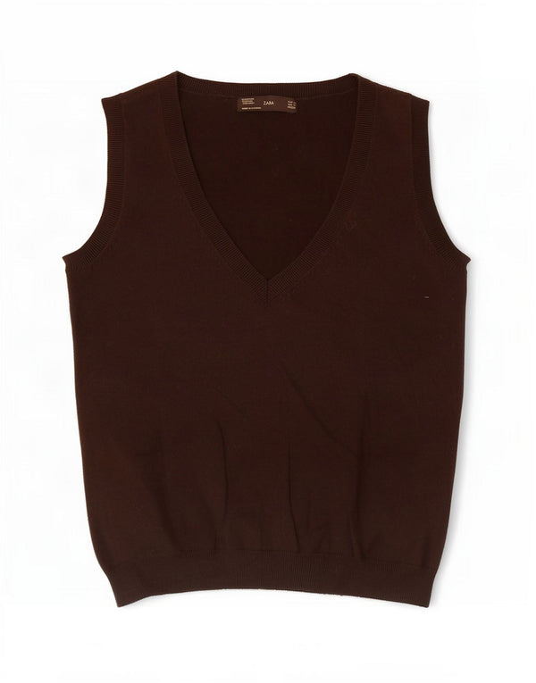 Zara Mujer Chaleco Tank Top UK 12 Algodón Marrón Medio