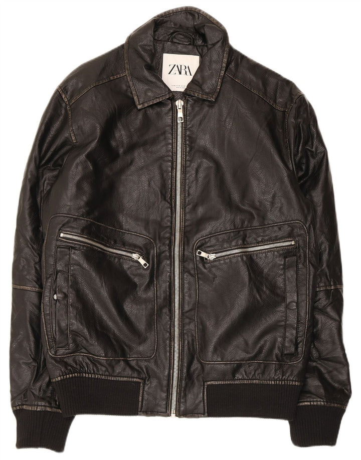 Zara Chaqueta De Cuero Para Hombre UK 38 Medium Poliuretano Negro