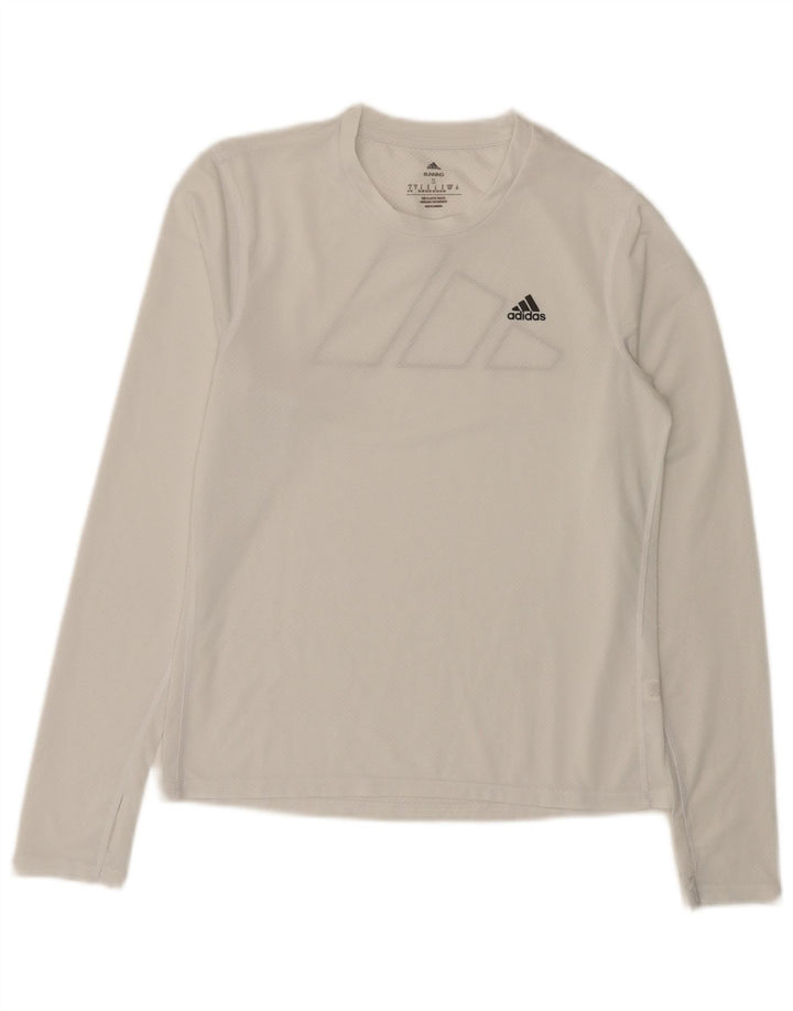 Adidas Mujer Gráfico Top Manga Larga UK 8/10 Pequeño Poliéster Blanco