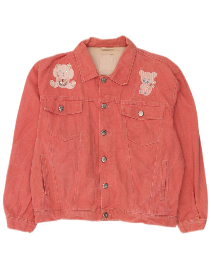 Vintage mujer oso de peluche gráfico chaqueta de mezclilla IT 42 algodón rosa medio