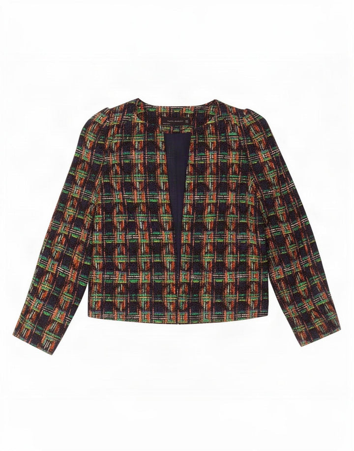 Zara Mujer Crop Open Blazer Chaqueta UK 10 Small Multicolor Check Cotton