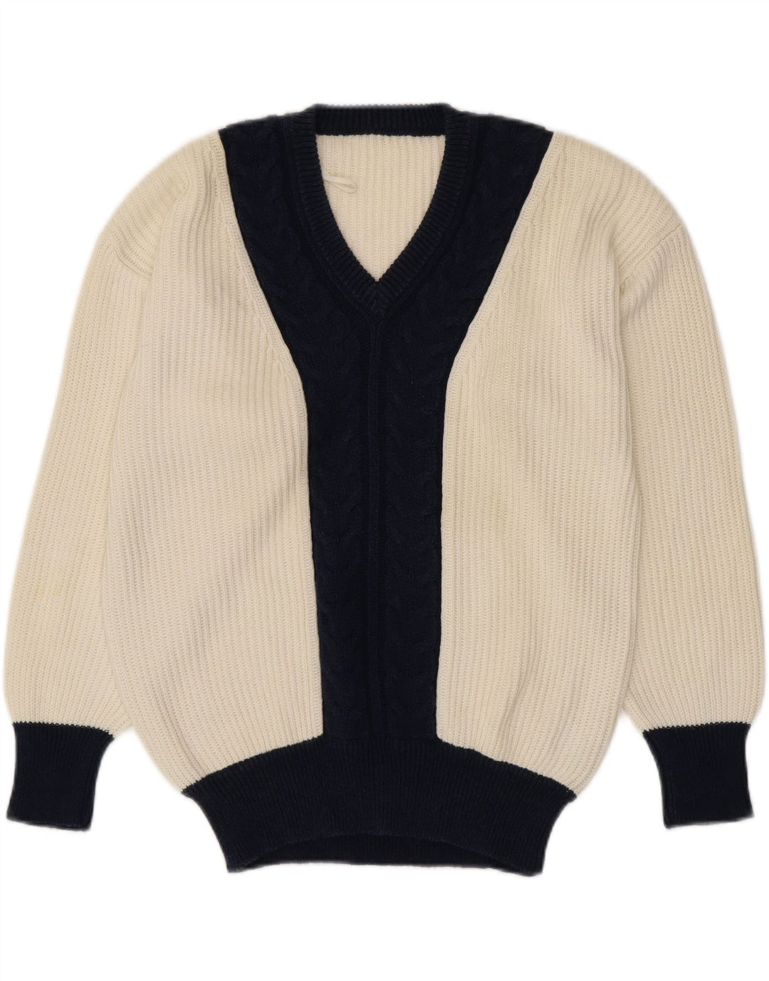 VINTAGE suéter de jersey con cuello en V para mujer Reino Unido 16 Bloque de color blanco grande