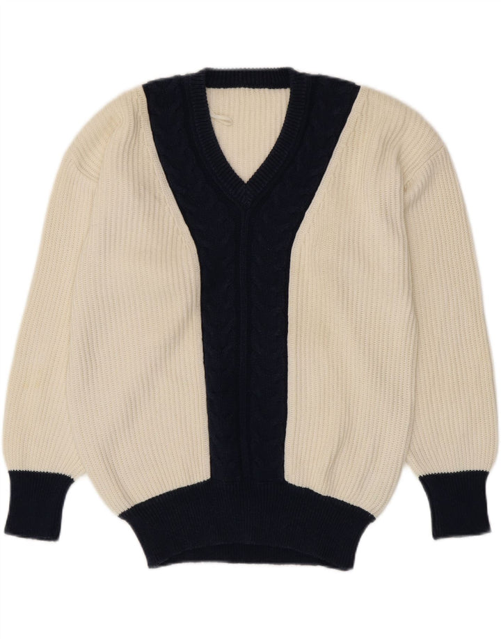 VINTAGE suéter de jersey con cuello en V para mujer Reino Unido 16 Bloque de color blanco grande