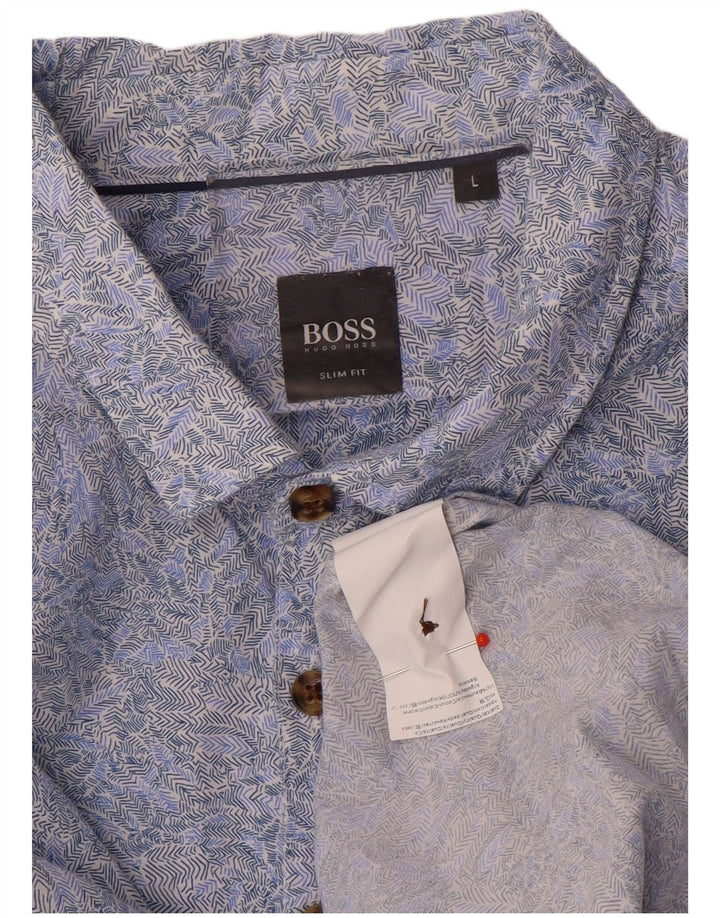 Camisas Hugo Boss Hombre | Camisa ajustada con estampado abstracto de algodón azul grande