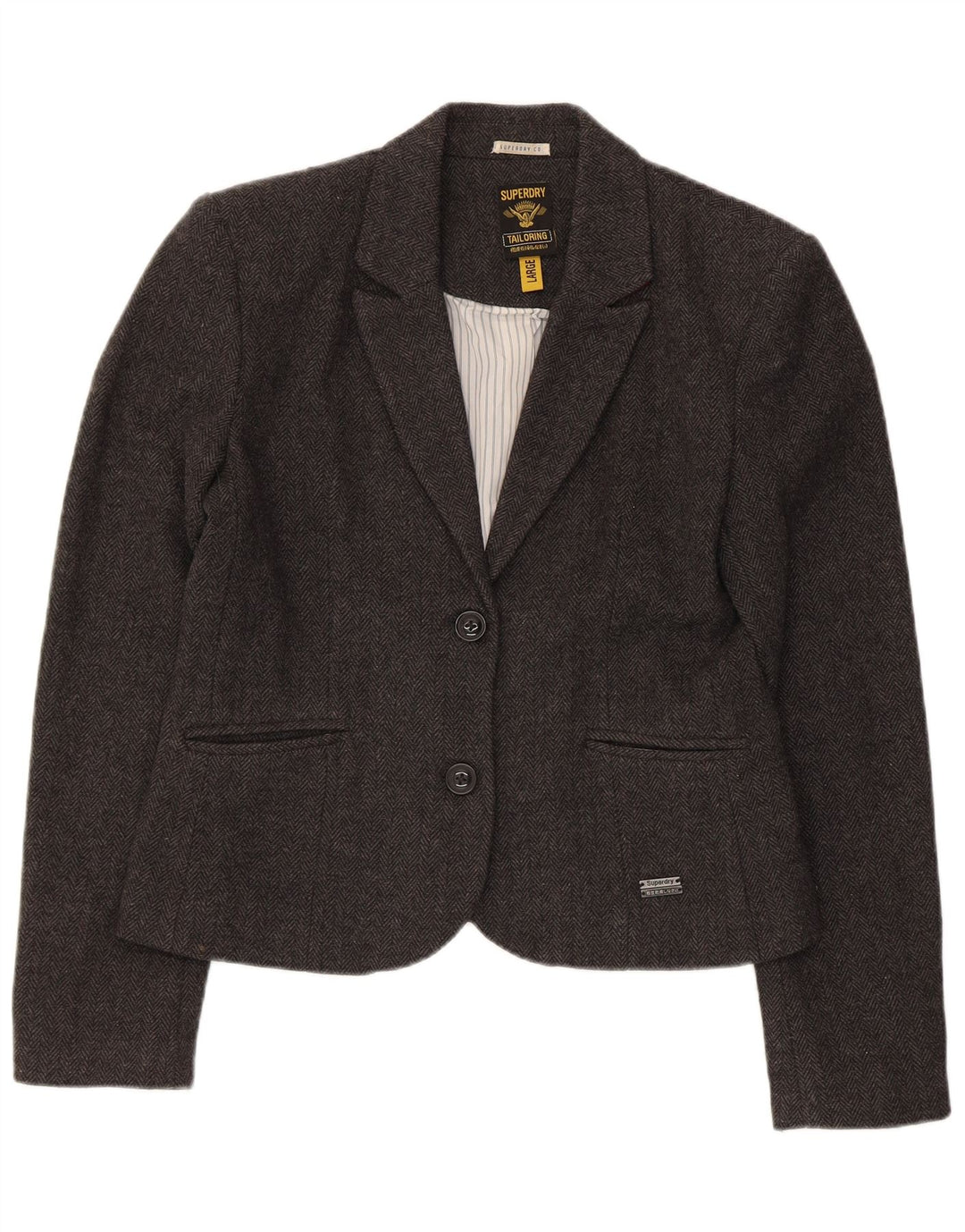 Superdry Chaqueta tipo blazer de 2 botones para mujer, talla 44, talla grande, lana gris en espiga