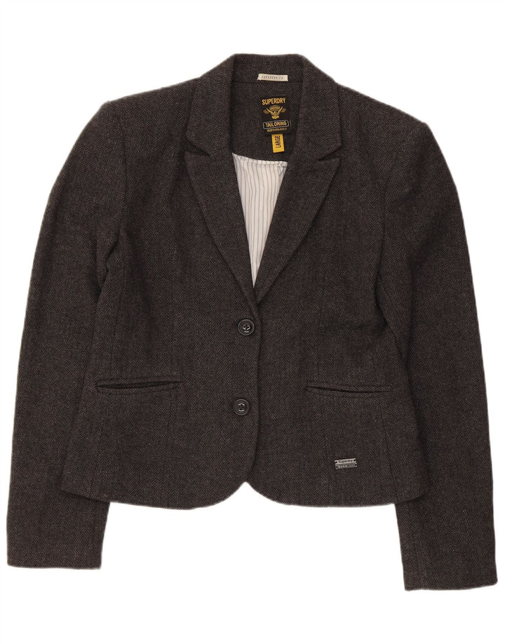Superdry Chaqueta tipo blazer de 2 botones para mujer, talla 44, talla grande, lana gris en espiga
