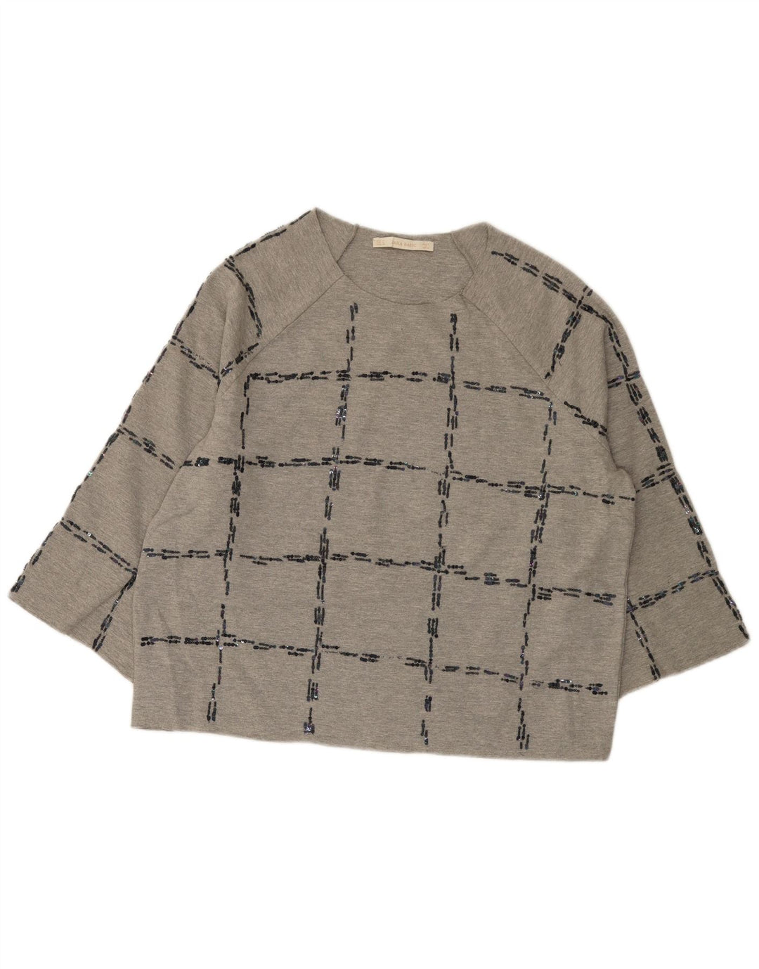 Zara Mujer Top Extragrande Manga 3/4 UK 44 Cuadro Gris Medio