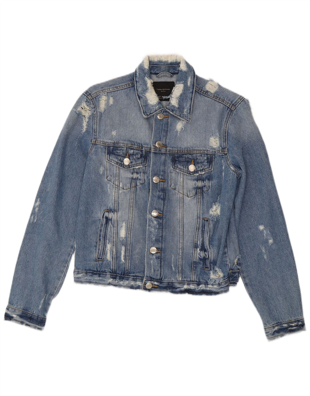 Zara Mujer Crop Chaqueta Vaquera Desgastada Reino Unido 12 Algodón Azul Medio