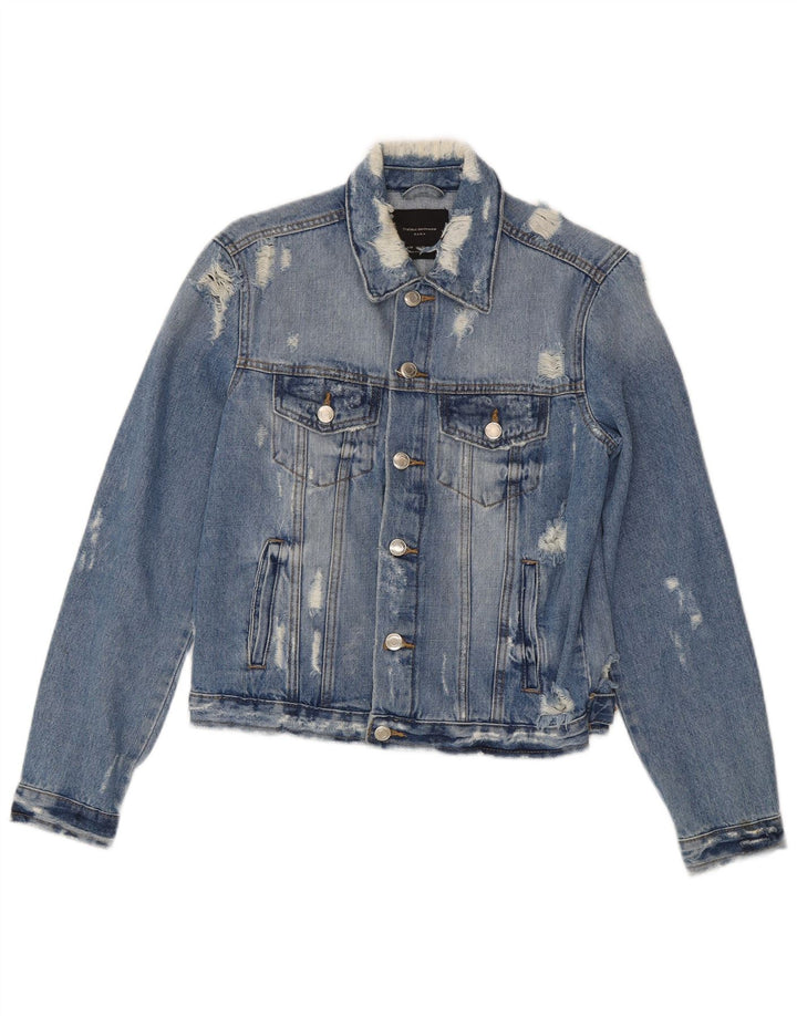 Zara Mujer Crop Chaqueta Vaquera Desgastada Reino Unido 12 Algodón Azul Medio
