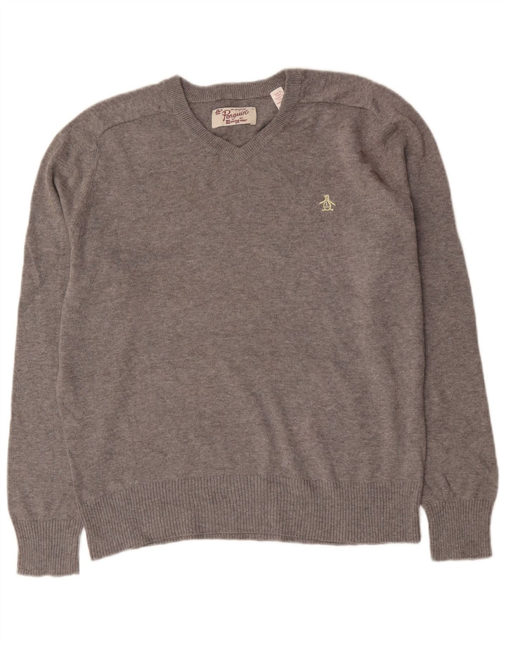 Penguin - Jersey con cuello en V para hombre, talla grande, color gris