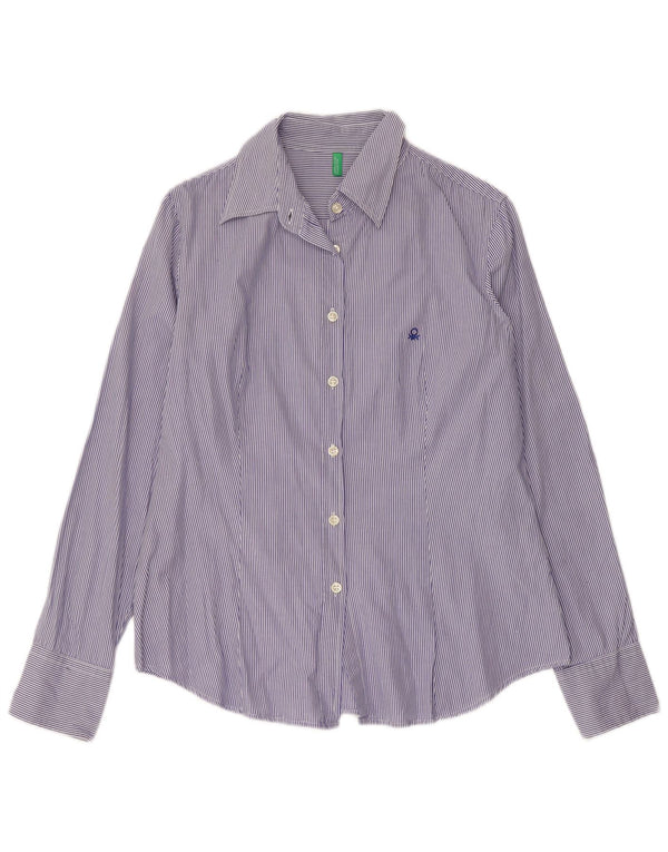 BENETTON Camisa de mujer UK 46 Grande Azul Rayas Algodón