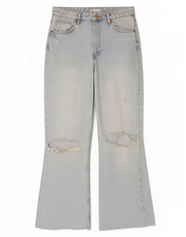 Zara Vaqueros desgastados de cintura alta y pierna ancha para mujer EU 42 Large W32 L31 Azul