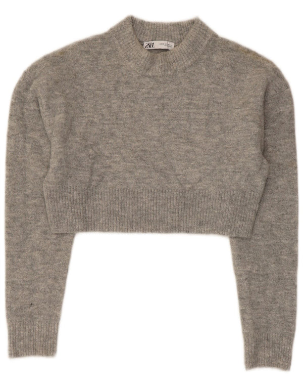 Zara Mujer Crop Crew Neck Jumper Sweater UK 6 XS Gris Acrílico