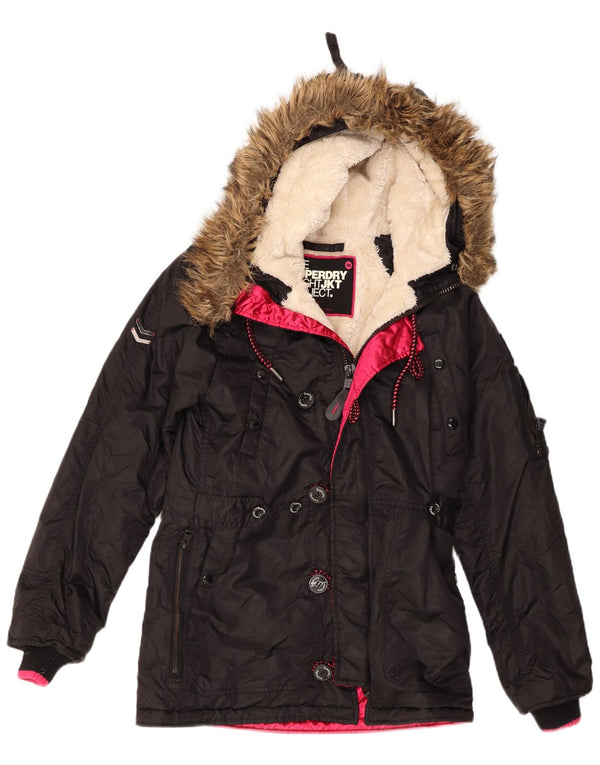 Superdry Womens Hooded Parka Jacket UK 6 XS Black Nylon