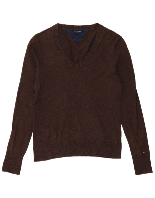 Tommy Hilfiger Suéter con cuello en V para mujer UK 44 Grande Algodón marrón