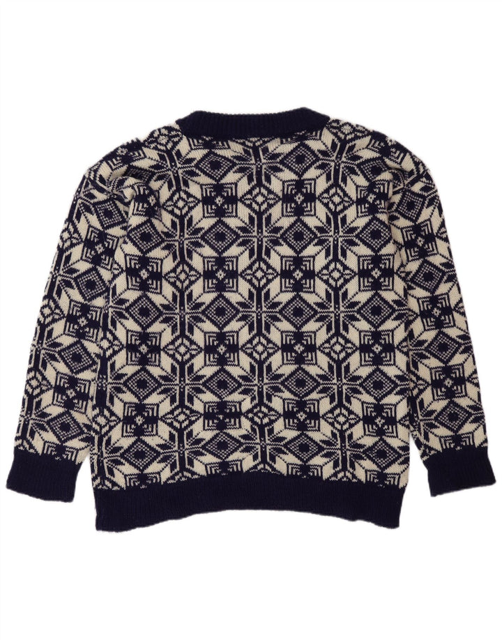 Vintage hombres cuello redondo jersey suéter medio azul marino Fair Isle