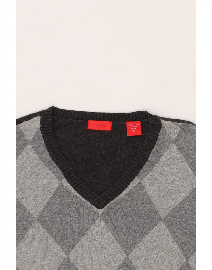 IZOD Mens V-Neck Jumper Sweater XL Grey Argyle/Diamond Cotton Vintage Izod and Second-Hand Izod from Messina Hembry 