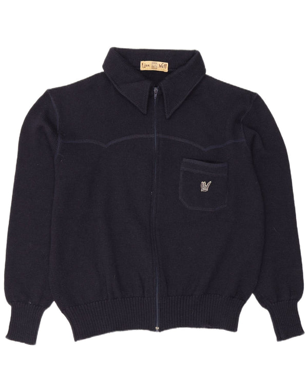 Vintage hombres completo zip cardigan suéter grande azul marino lana