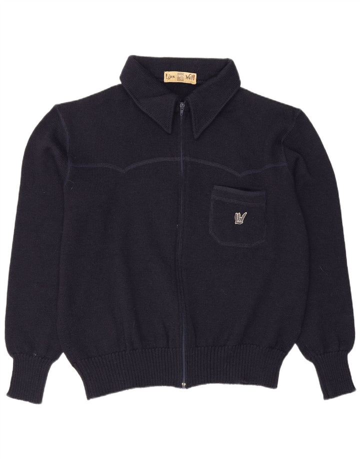 Vintage hombres completo zip cardigan suéter grande azul marino lana