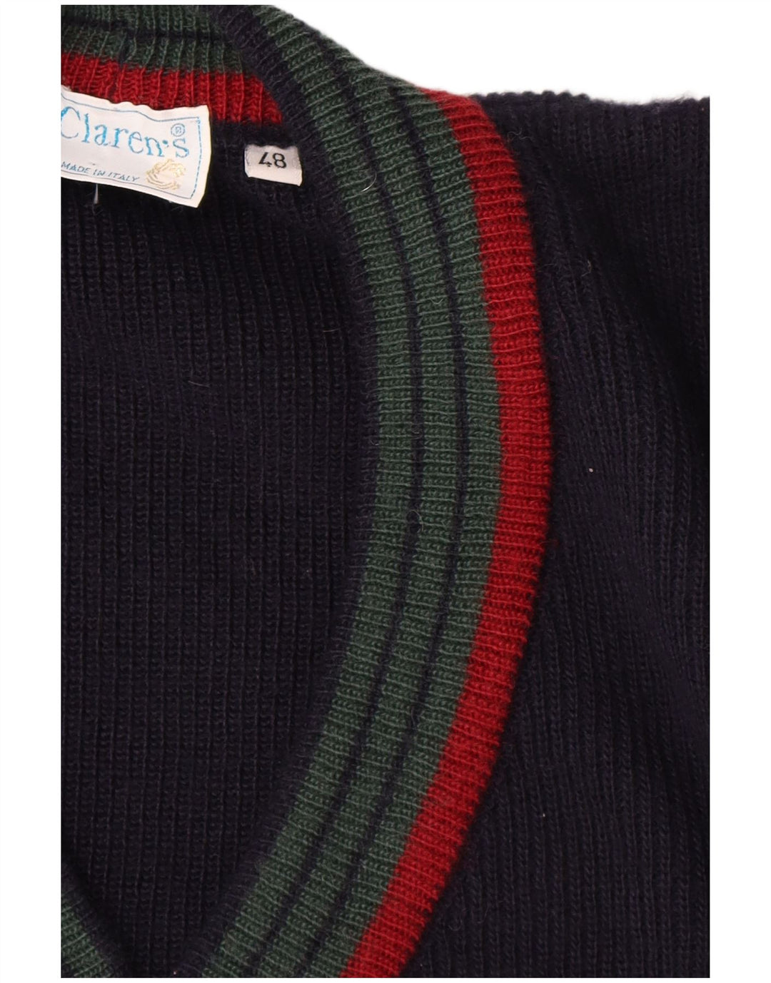 Vintage hombres Cardigan suéter IT 48 medio azul marino rayas lana