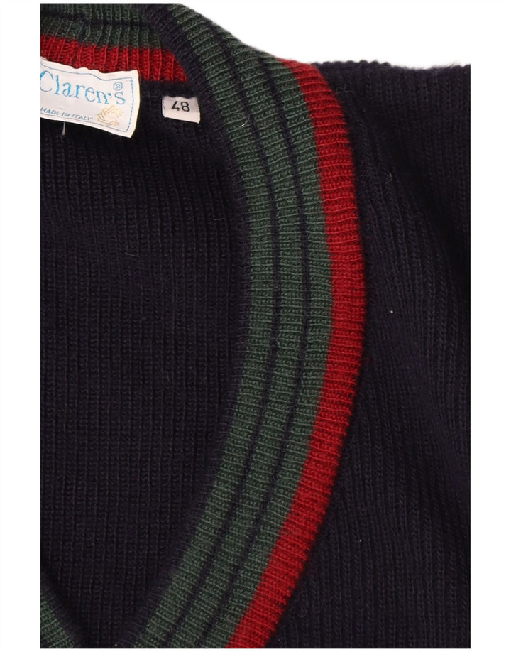 Vintage hombres Cardigan suéter IT 48 medio azul marino rayas lana