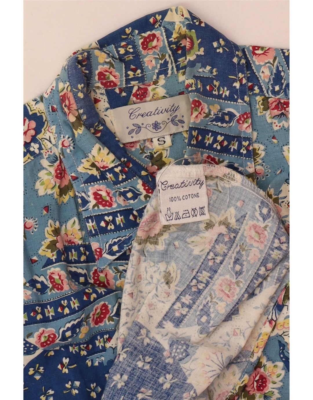 Creativity Camisa de manga corta para mujer UK 10 Small Blue Patchwork Cotton
