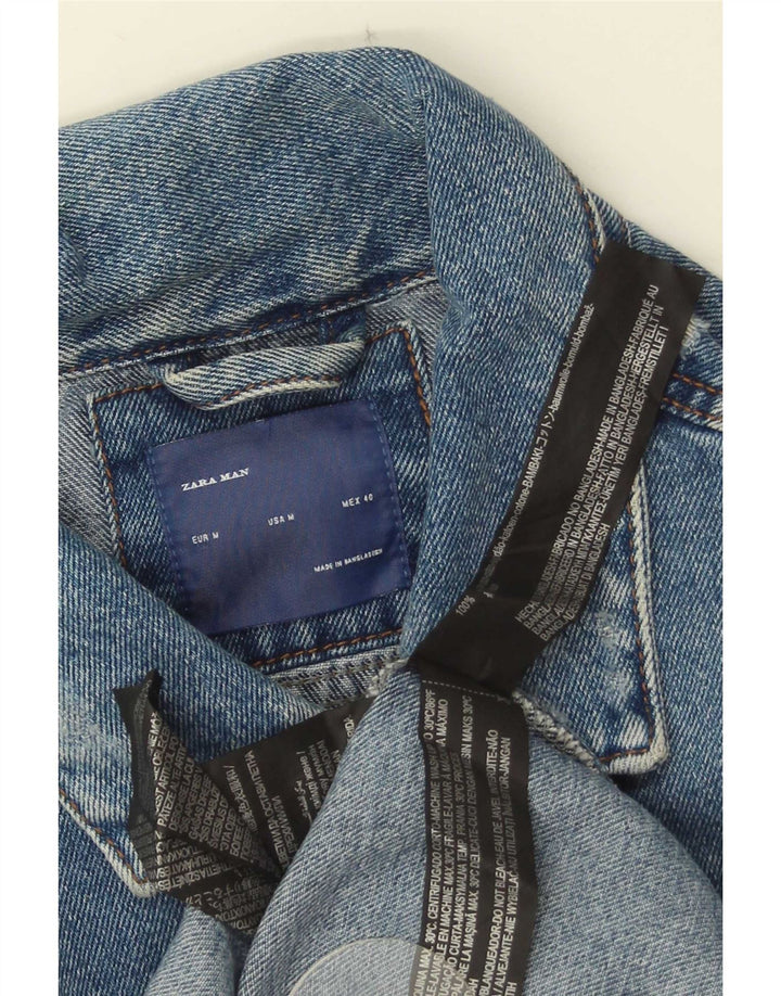Zara Mens Chaqueta Vaquera Desgastada UK 38 Algodón Azul Medio