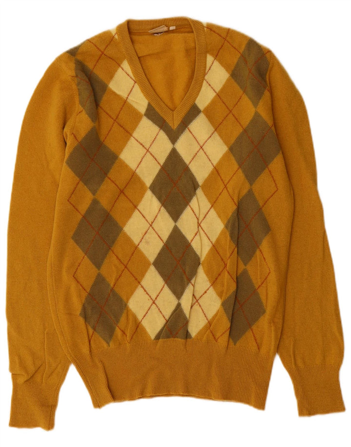 Cutty Sark - Jersey con cuello en V para hombre, talla pequeña, lana amarilla Argyle/Diamond