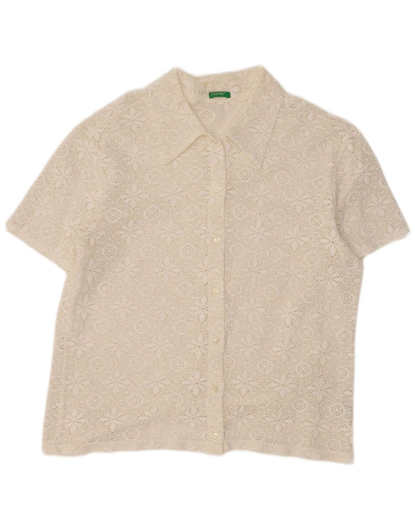 Benetton Blusa Camisera De Encaje De Manga Corta Para Mujer UK 46 Large Blanco Floral