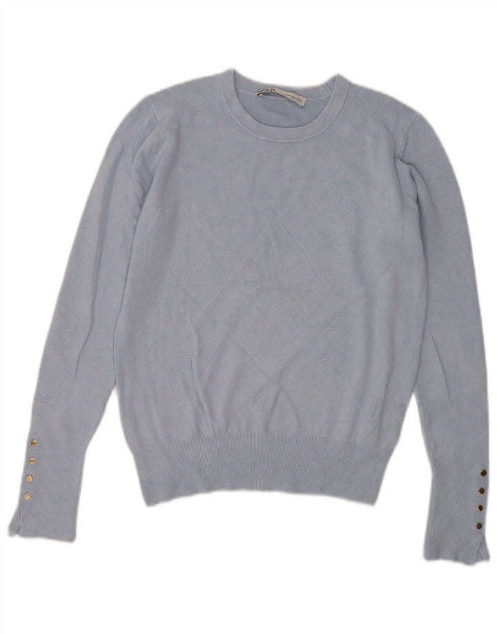 Zara - Jersey de cuello redondo para mujer, talla 40, viscosa azul medio