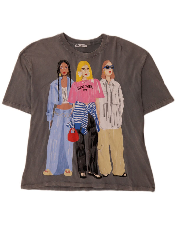 Zara Mujer New York Graphic Camiseta Top UK 10 Small Gris Algodón