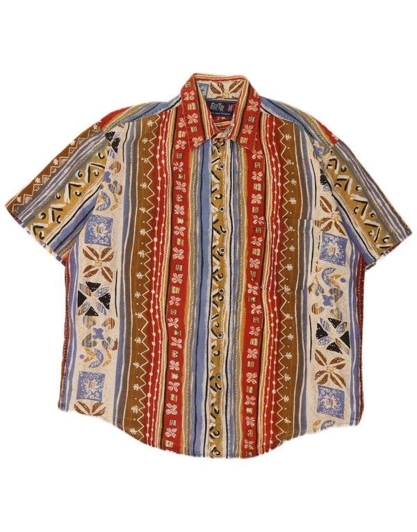 Vintage hombres camisa de manga corta medio multicolor patchwork algodón