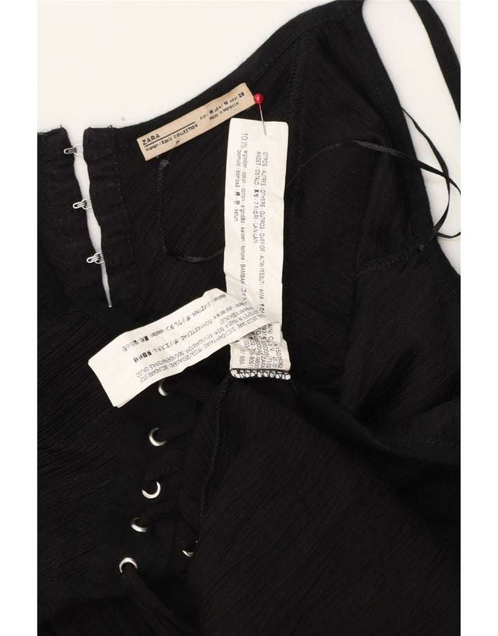 Zara Mujer Maxi Vestido De Verano UK 12 Mediano Negro Algodón