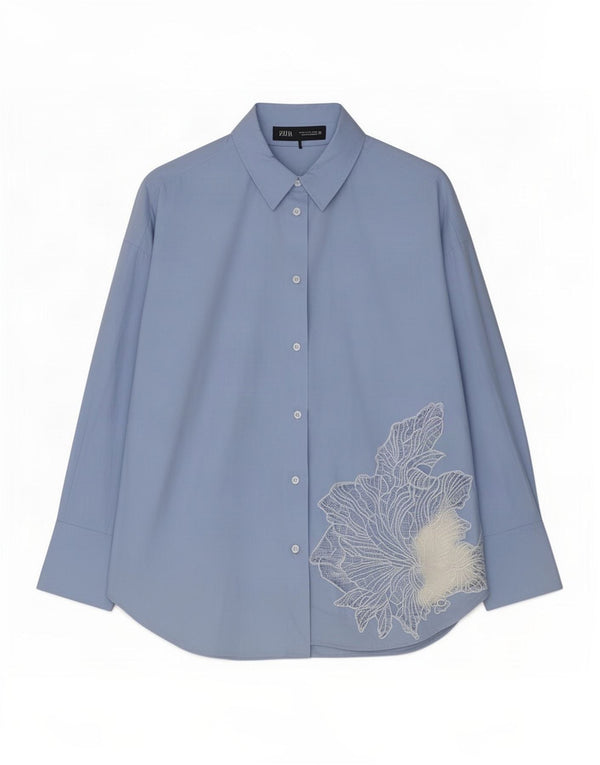 Zara Mujer Camisa Relaxed Fit UK 44 Algodón Floral Azul Medio
