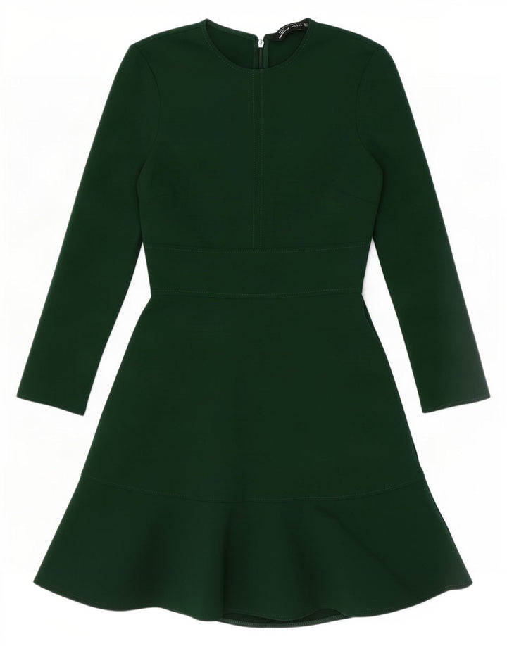 Zara Mujer Vestido Acampanado De Manga Larga UK 40 Pequeño Poliéster Verde